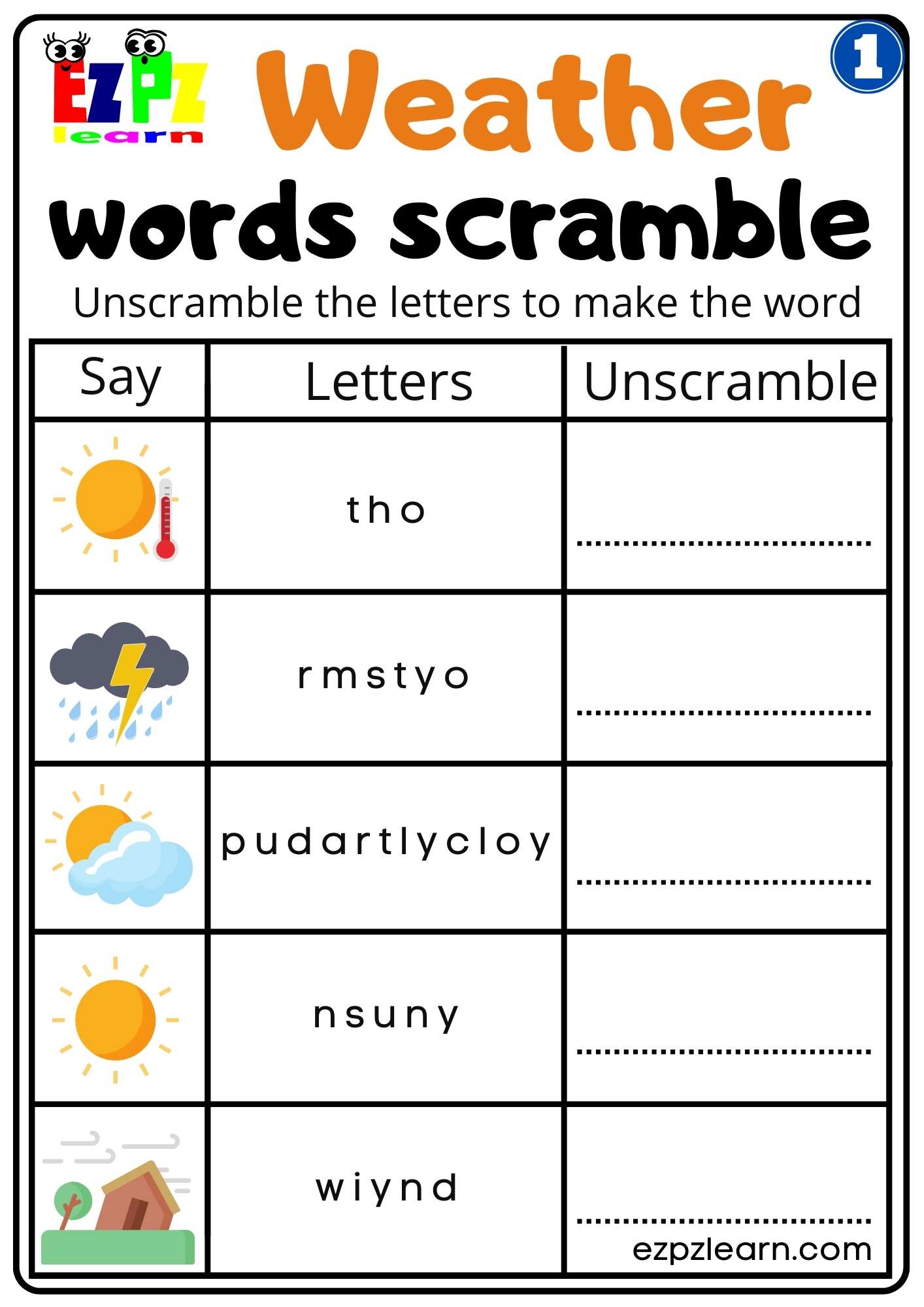 Group 1 Weather Vocabulary Words Scramble Easy Worksheet for Kids Free PDF Download